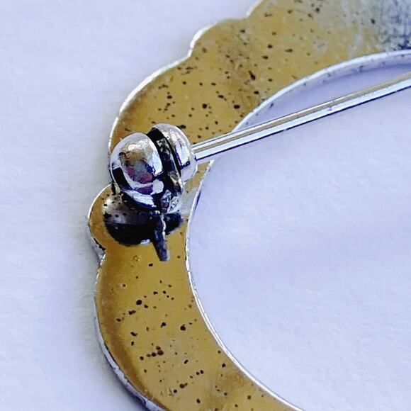 LaMode Sterling Silver Guilloche Floral Enamel Brooch Mid Century 1940s Pin - Picture 8 of 8